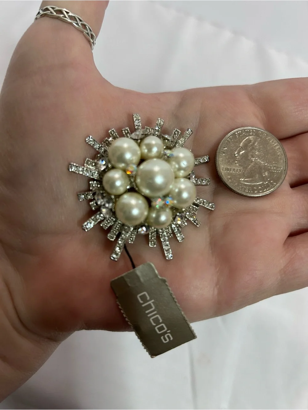 Chico's Pearl & Crystal Sunburst Brooch - Ivory and Silver